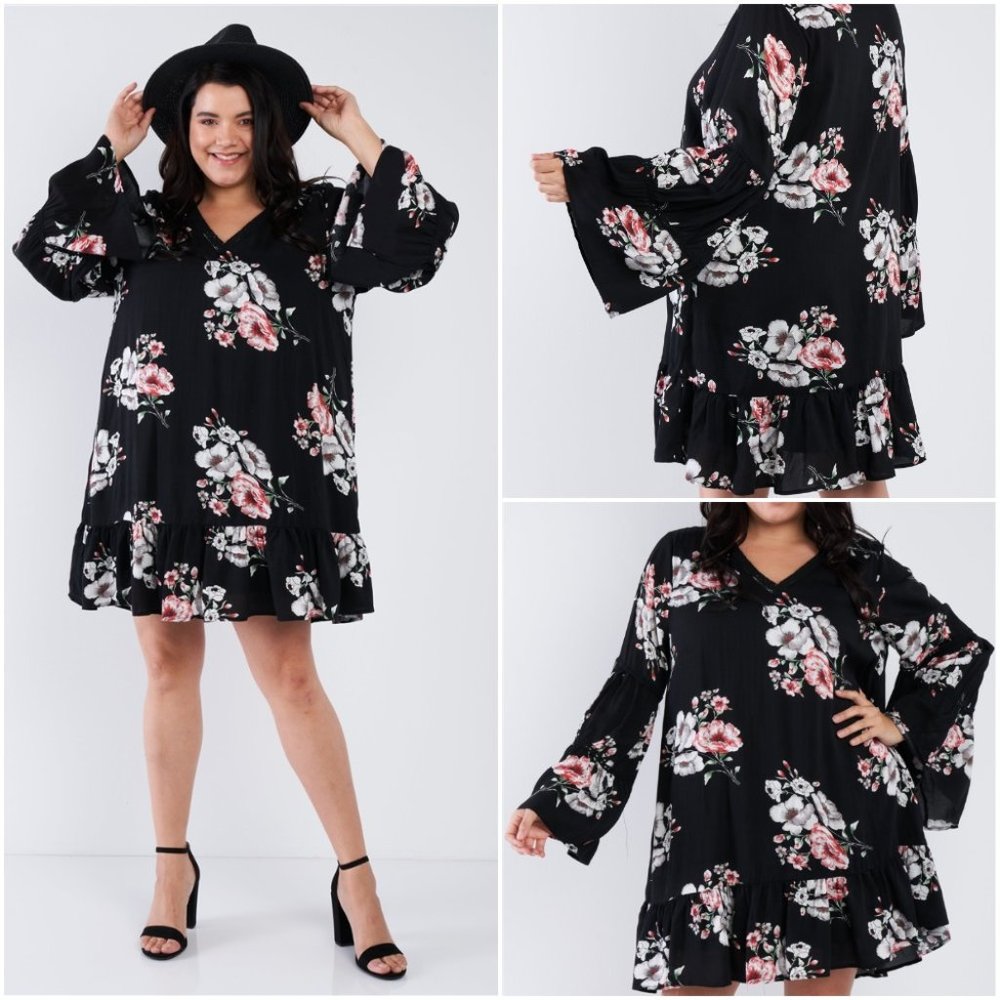 Black floral bell sleeve dress - Picture 1 of 8